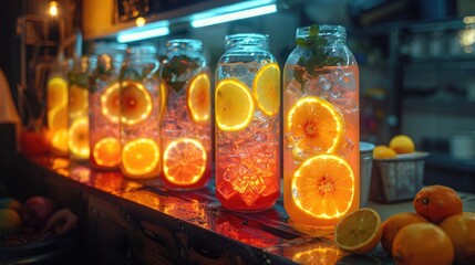 Futuristic Lemonade Stand with Holographic Drink Designs and Glowing Citrus Slices