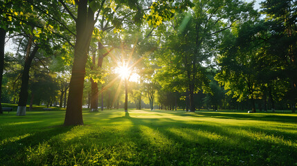 Obraz premium Beautiful sunlit park featuring lush green trees, captured in a vibrant and natural style.