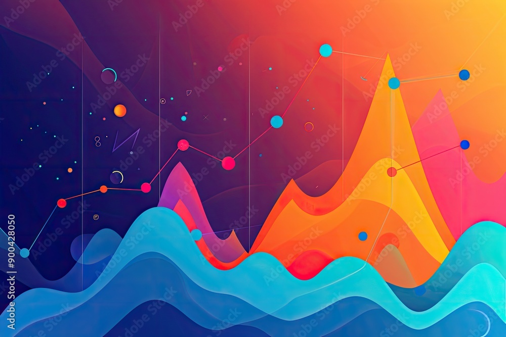 Poster colorful background with mountain and waves, graph with an upward trend, symbolizing growth and prog