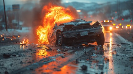 A fire breaks out after a highway car accident. Blazing vehicles strewn across the busy road.