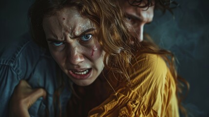 In a tense situation, a helpless woman's terrified eyes reflect her fear as she faces a mentally unstable maniac, creating a chilling scene of horror.