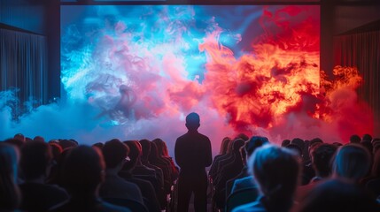 Naklejka premium An audience watches a display of blue and red smoke on a large screen