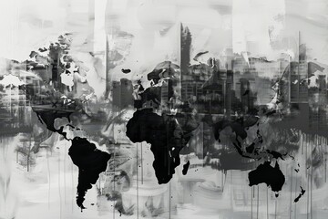 a black and white photo of a world map, grayscale brushstroke background, infused seamlessly with a copy of the global map and coordinates annotated in an intricate typeface