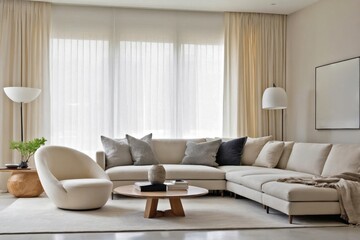 An elegant living room with polished concrete floors and white walls.