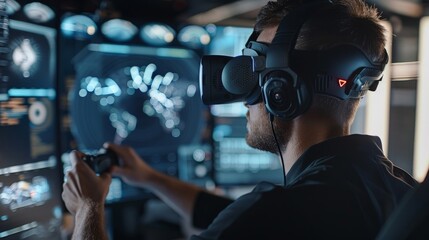 Developer testing a virtual reality mockup for a futuristic video game environment