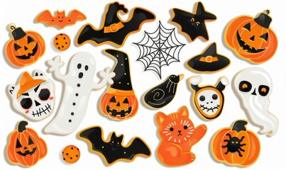 beautiful orange and black Halloween icons set on white background 