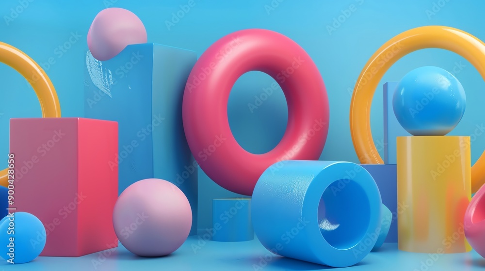 Poster abstract 3d render of geometric shapes in different bright colors.