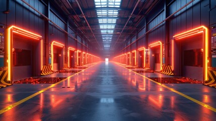 High-Tech Logistics Center with Robotic Sorting Systems and Neon Tracking Screens