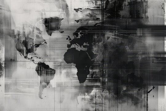 black and white photo of world map, grayscale brushstroke background, infused seamlessly with copy of the global map and coordinates annotated in an intricate typeface