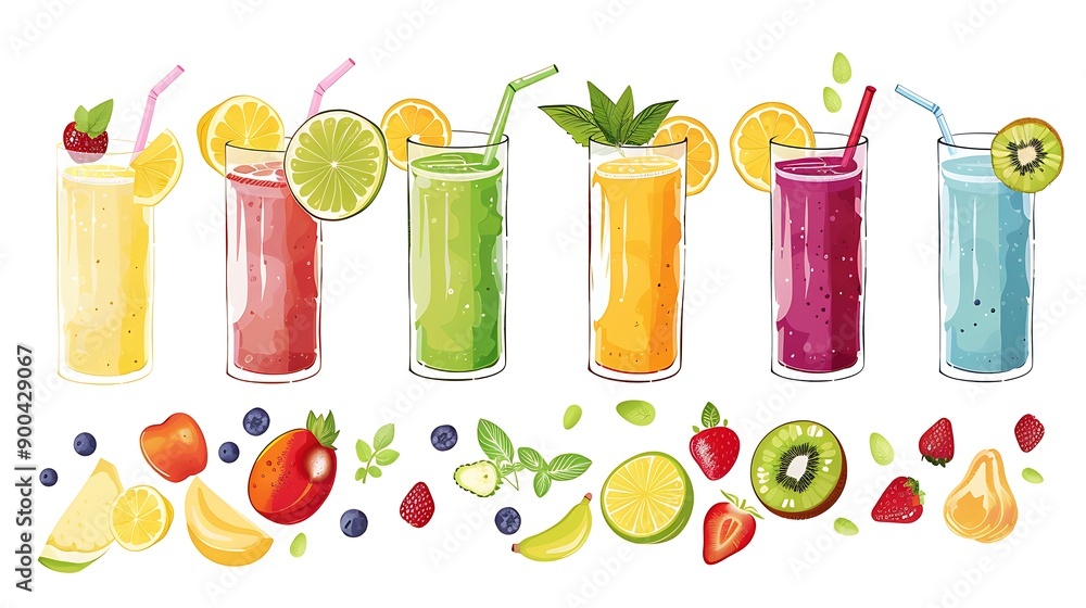 Sticker Colorful fruit smoothies with various ingredients - fresh and healthy drinks in glass with straws