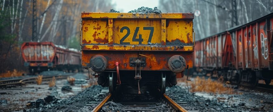 A close-up of a rusty yellow train car with the number 247 painted on the side. The train car is sitting on railroad tracks in a forest