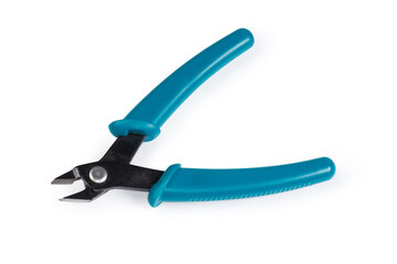 Diagonal pliers with blue insulated handles on a white background