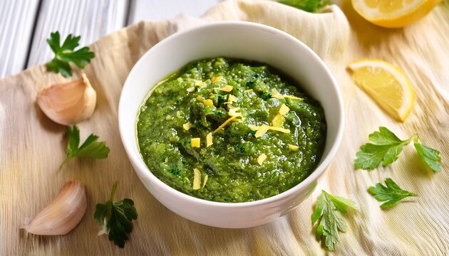 Green sauce made of chopped parsley, lemon zest and garlic in a white bowl, close-up, generative AI