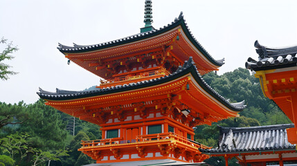 Naklejka premium Elegant, traditional Japan pagoda surrounded by serene nature, captured in raw style photography.