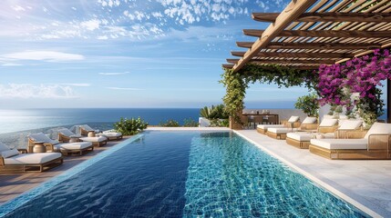 Obraz premium Elegant Outdoor Pool Area Overlooking a Calm Blue Ocean for Luxurious Resort Living