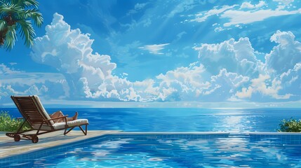 Reclining chair near a swimming pool, sea and blue sky panoramic background. 