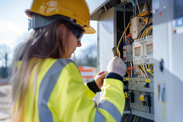 Female electrician working on electrical control panels at a construction site on a sunny day