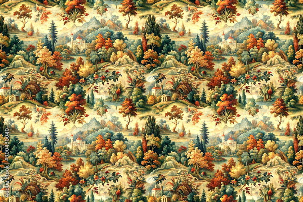 Poster seamless pattern of colorful stylized autumn trees and temples on a light background