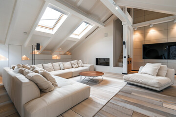 Fototapeta premium Modern minimalist living room with cozy furniture and skylights in contemporary loft setting