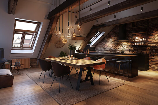 Modern open-concept kitchen and dining area with industrial design elements in cozy urban loft