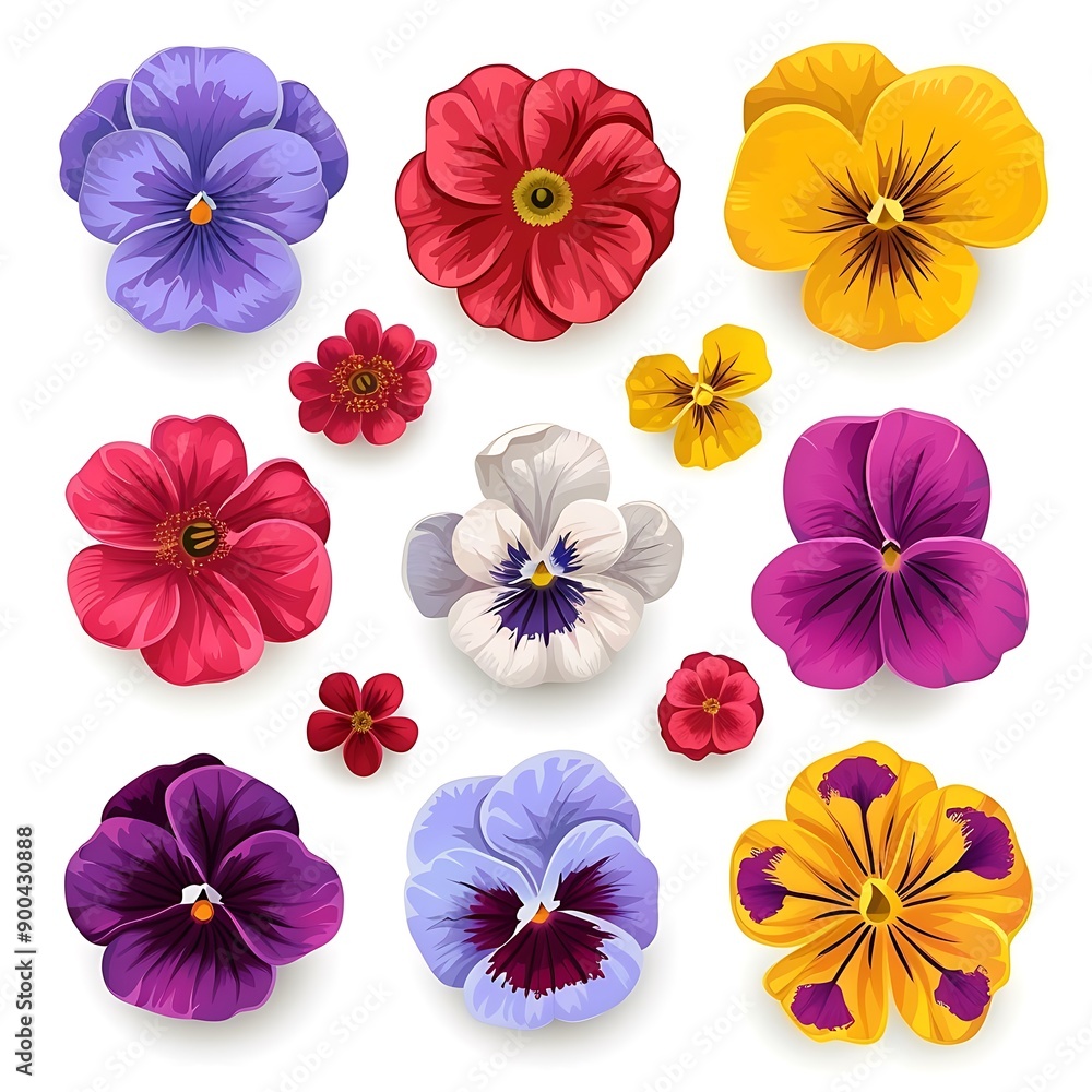 Wall mural Collection of Colorful Pansies with Isolated White Background