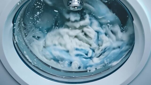 Clothes spin in a washing machine, surrounded by bubbles and soapy water in a clean laundry area