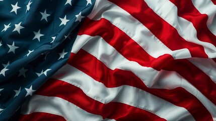 Detailed close-up of American flag with stripes, stars, and fabric