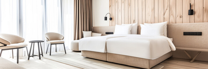 Fototapeta premium Luxurious hotel room interiors in warm tones with chic decor and natural lighting.