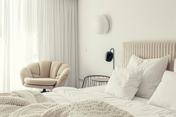 Luxurious hotel room interiors in warm tones with chic decor and natural lighting.