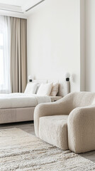 Fototapeta premium Luxurious hotel room interiors in warm tones with chic decor and natural lighting.