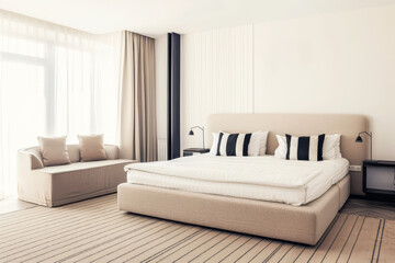 Luxurious hotel room interiors in warm tones with chic decor and natural lighting.