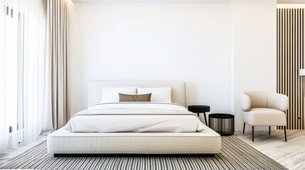 Luxurious hotel room interiors in warm tones with chic decor and natural lighting.