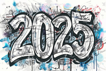 2025 drawing numbers, new year sketch greeting card, doodle celebrate banner, freehand eve poster