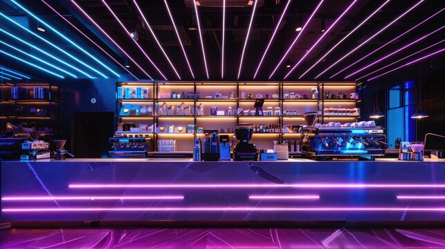 Sleek Espresso Bar with Interactive Digital Espresso Machines and Neon-Infused Shots