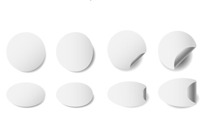 Set of paper round stickers with peeling corner and shadow, isolated rounded plastic mockup, realistic set round paper adhesive sticker mockup with curved corner