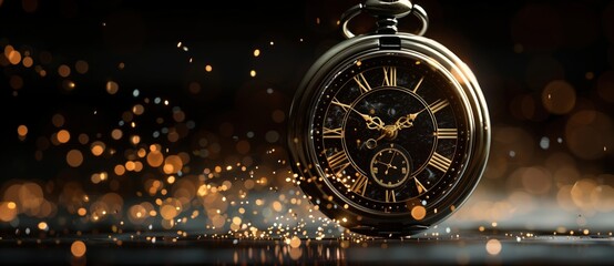 A pocket watch with Roman numeric numbers is exploding in the air against a dark background