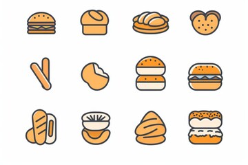 Bread loaves icon, bakery products set, flat minimal pastry collection, baked buns, baguettes symbols