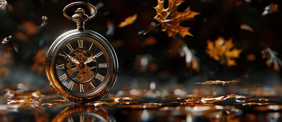 A vintage pocket watch with leaves falling against an empty black background