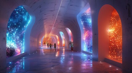 Avant-Garde Business Park with Shifting Holographic Installations and Bioluminescent Walkways