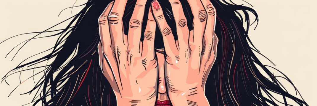 Facepalm woman drawing, disappointment guy sketch, sad covering face with hands, isolated