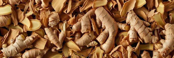 Ginger root texture background, dry zingiber officinale pattern, turmeric mockup, dry spice seasoning