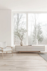 Fototapeta premium Elegant sideboard next to a large window in an interiors design composition. Home decor conceptual image with copyspace.