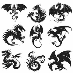 Dragons icon silhouette, dino, wyvern symbols, dinosaurs isolated, mythical monster, minimal flat tattoo