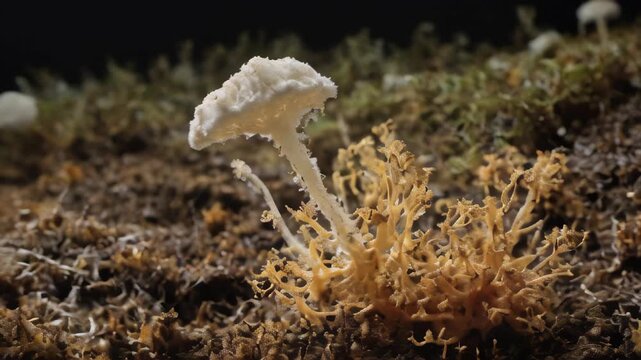 Microscope of mucous mold exploding in natural habitat, transparent filaments, shimmering spores. Microbiology lab concepts. Generative AI