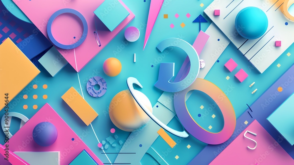 Poster a 3d rendering of an abstract background with geometric shapes and a blue 'g' and 'o'.