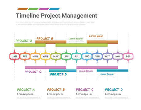 Project time plan business template with 4 project tasks in year or 12 months. Easy to use for your website or presentation.