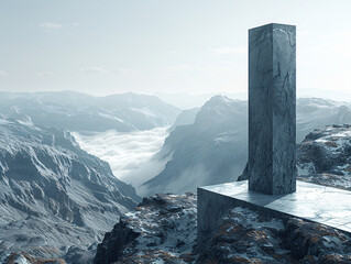 a surreal landscape featuring a large gray stone pillar standing on a rocky outcrop with a cloudy sky
