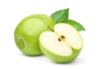 Fresh green apple with cut in half isolated on white background.