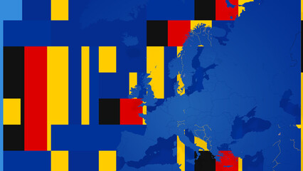 creative background of combined flag of Germany and flag of the European Union and the map of Europe with borders, tiles, backdrop