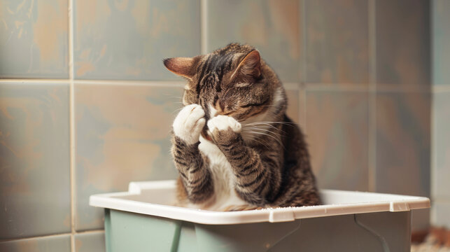 A cat sits in a litter tray, covering its face with its paws in visible discomfort, suggesting pain. The image highlights health concerns related to the urogenital system, often seen in neutered cats.